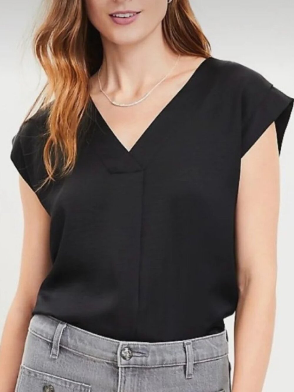 LOFT Women’s Black Satin Cap Sleeve V-Neck Top, Size M